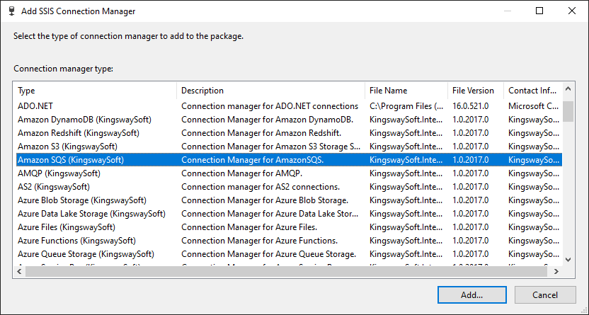 Add SSIS Amazon SQS Connection Manager